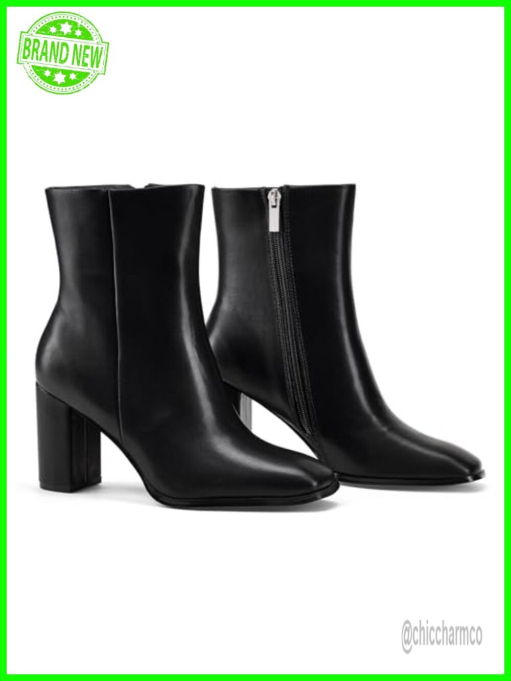 Women's Ankle Boots Faux Leather Square Toe Chunky Heel Side Zip